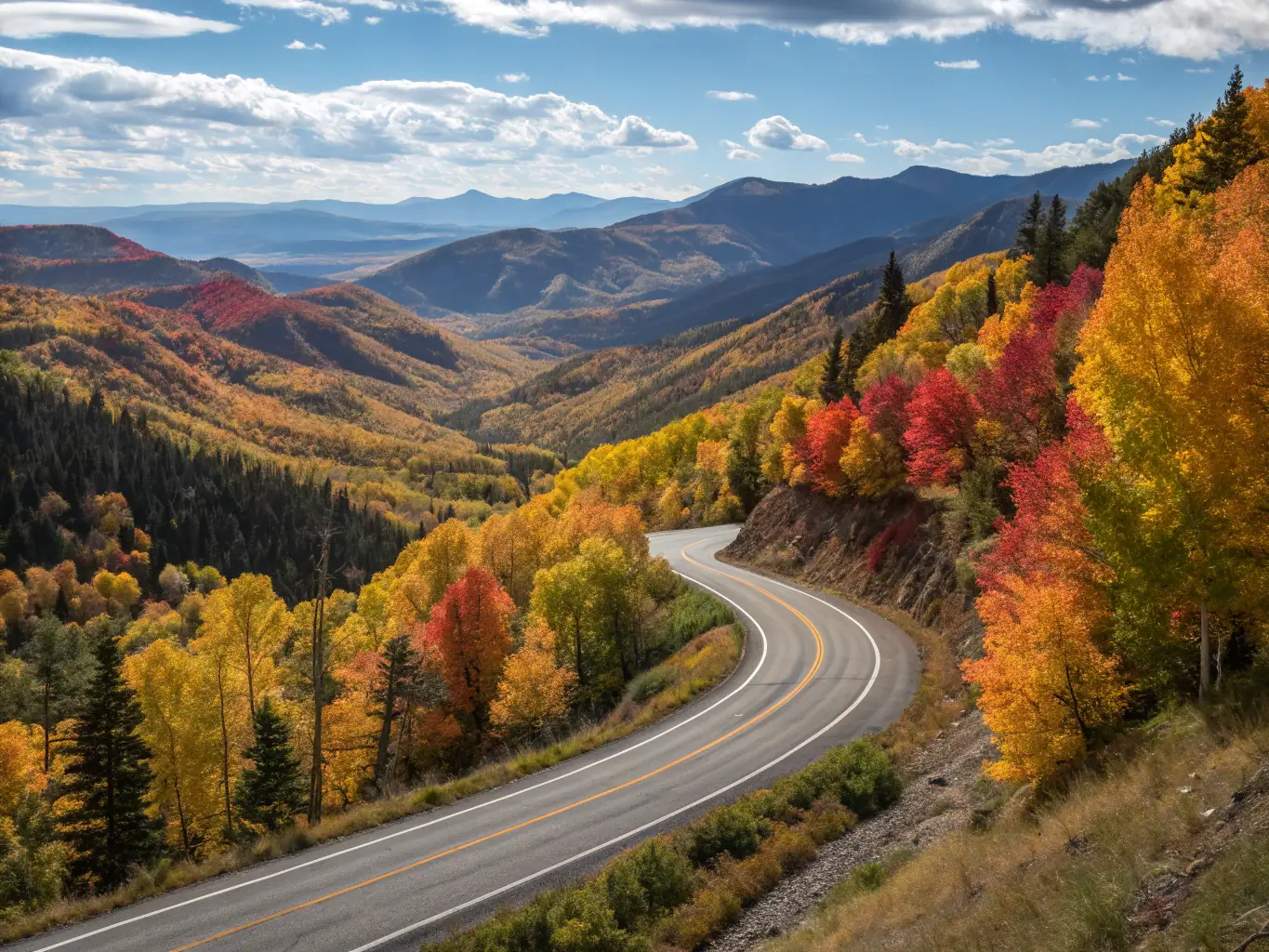 A winding road through the mountains near Taos, New Mexico, with vibrant fall foliage and breathtaking views of the surrounding landscape.