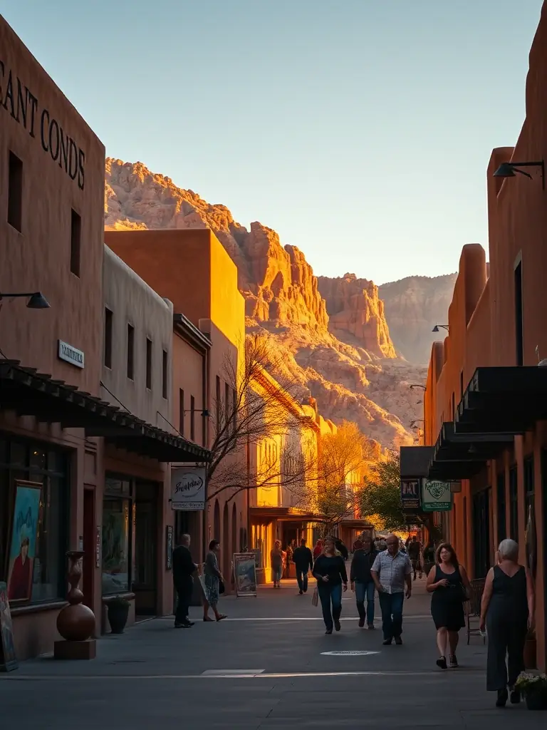 A captivating photo of Canyon Road, showcasing its art galleries, studios, and the unique adobe architecture, emphasizing the artistic charm and walkability of the area.