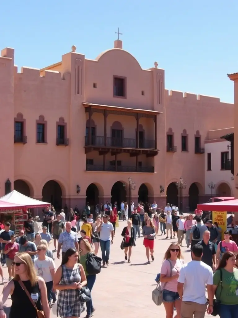 A vibrant photograph capturing the historic Santa Fe Plaza, showcasing the Palace of the Governors and the bustling atmosphere, emphasizing the central location and easy access with NewMexicoRides.