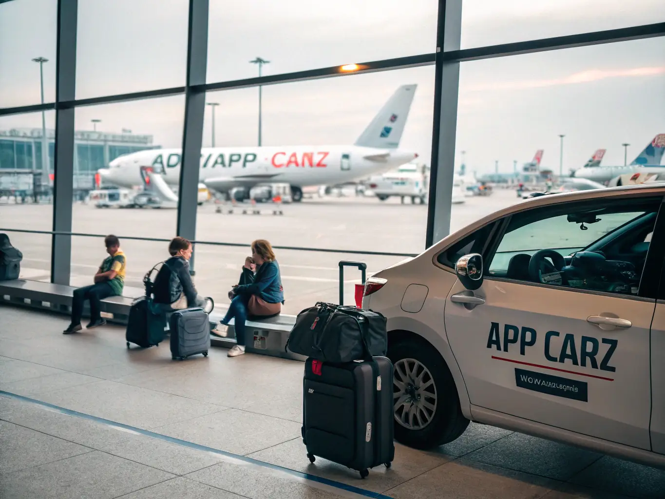 A modern SUV parked in front of the Albuquerque International Airport, with a clear sky and the airport terminal visible in the background, highlighting the convenience of airport transportation.