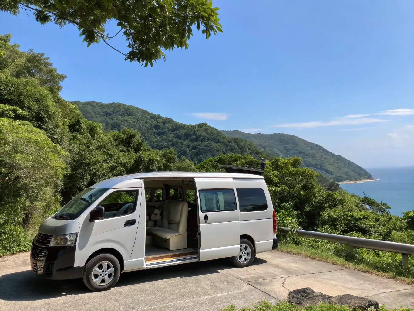 A comfortable, spacious van driving along a scenic highway in New Mexico, with mountains and desert landscape visible in the background, emphasizing the comfort and reliability of the service.