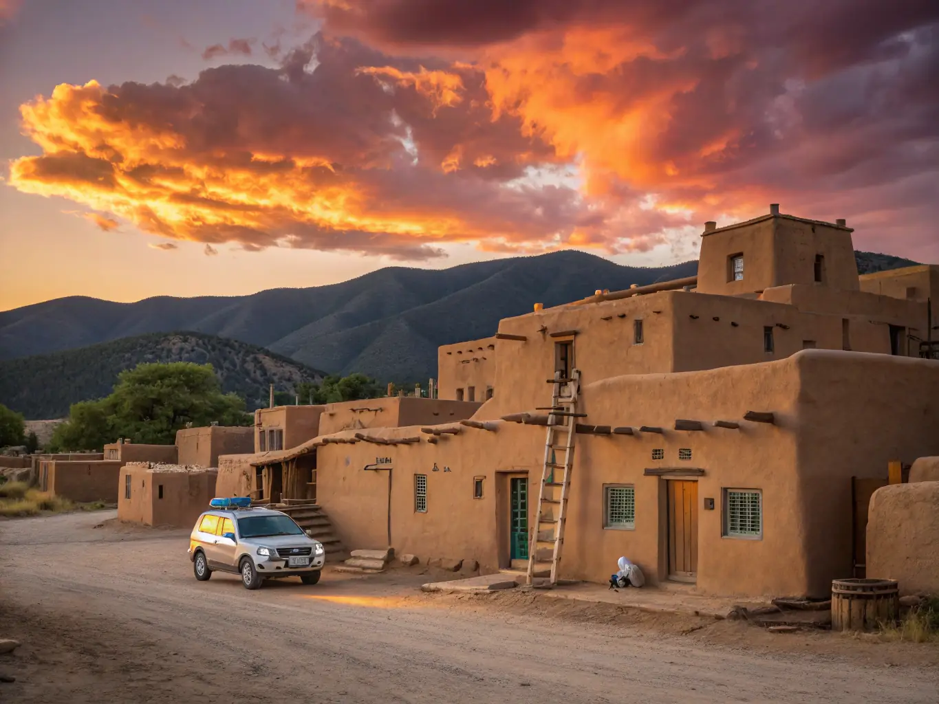 A scenic view of Taos Pueblo at sunset, showcasing the historic architecture and natural beauty of the destination, emphasizing the cultural richness of New Mexico.